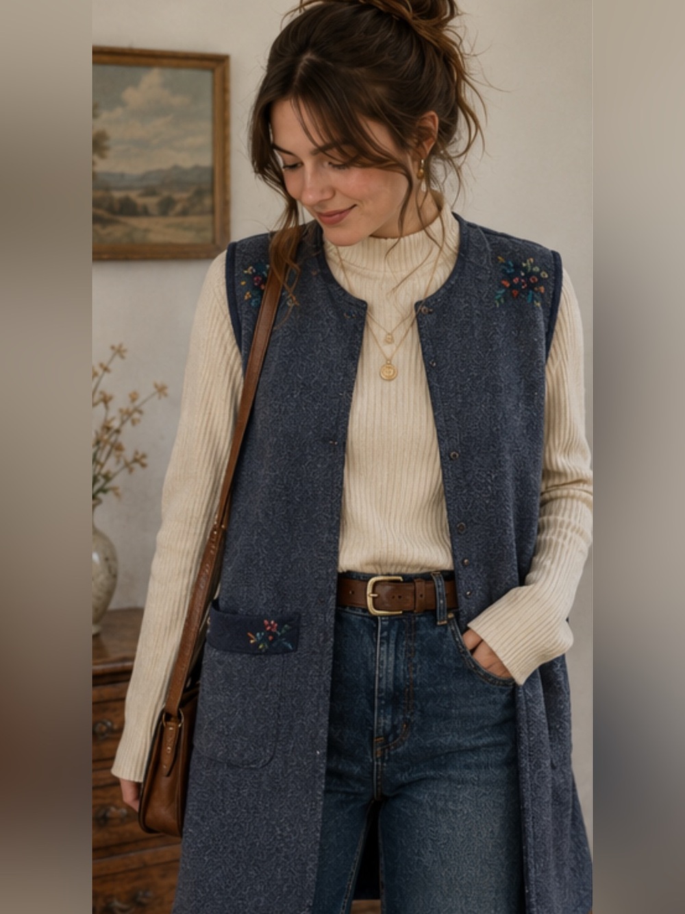 Navy Embroidered Wool Vest with Cream Top and Plaid Skirt Outfit